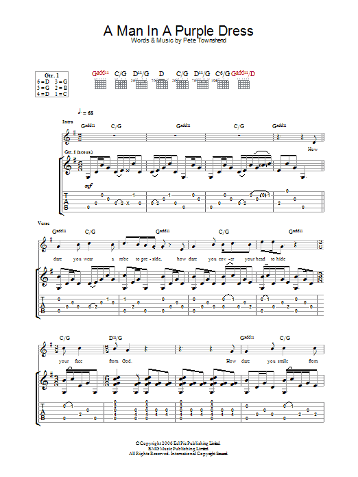 The Who A Man In A Purple Dress sheet music preview music notes and score for Guitar Tab including 8 page(s)