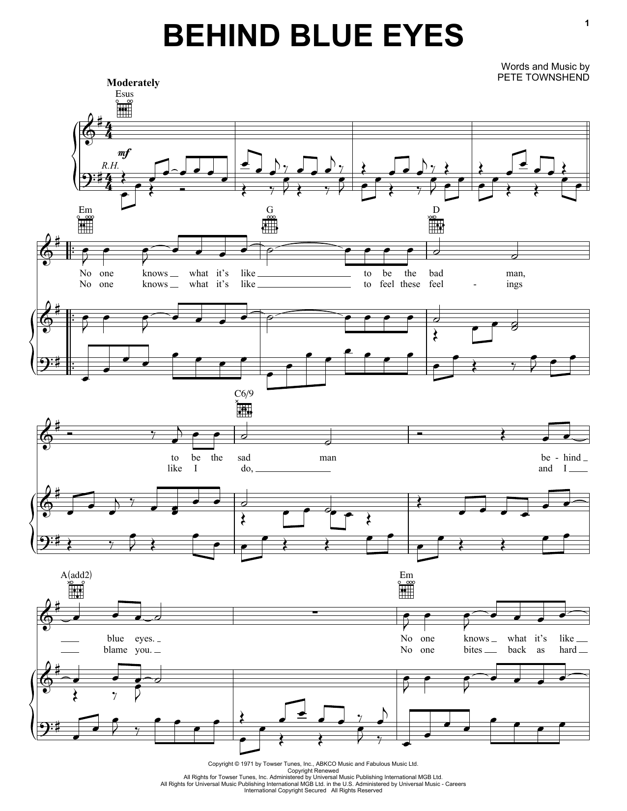 The Who "Behind Blue Eyes" Sheet Music & Chords Download 2Page