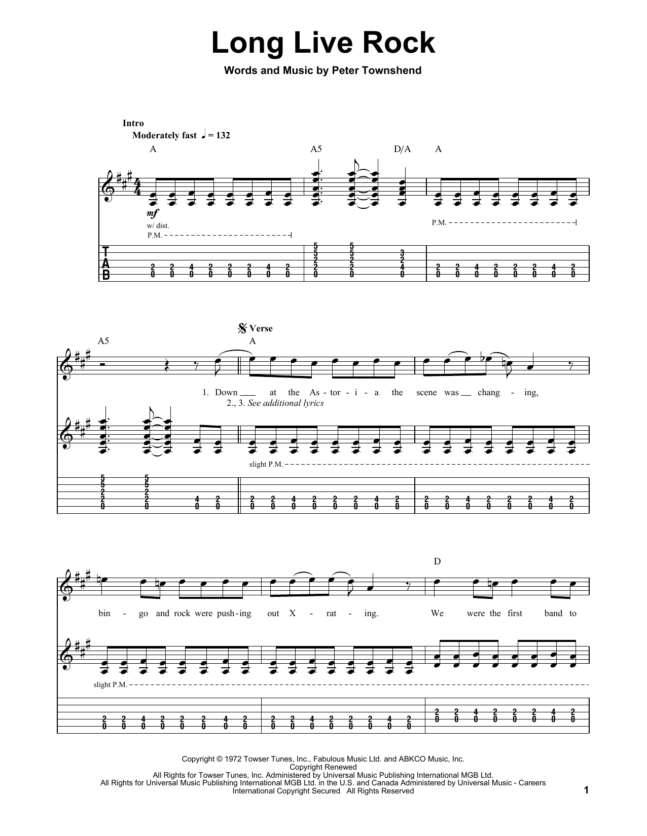 The Who Long Live Rock sheet music preview music notes and score for Piano, Vocal & Guitar (Right-Hand Melody) including 8 page(s)