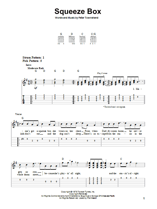 Learn to play The Who Squeeze Box sheet music for Easy Guitar Tab in minutes. The Who Squeeze Box sheet music preview music notes and score for Easy Guitar Tab including 4 page(s)