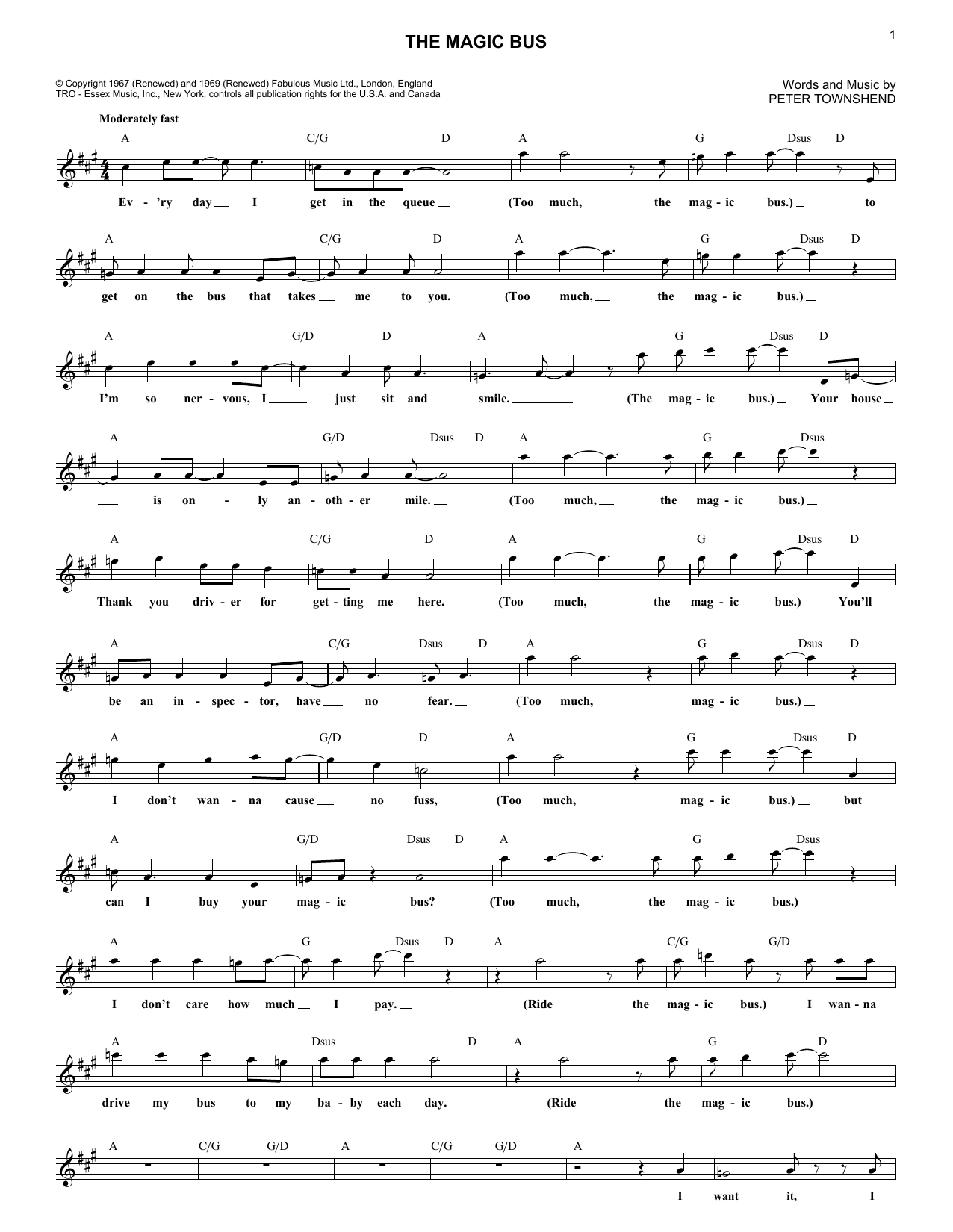 Learn to play The Who The Magic Bus sheet music for Lyrics & Piano Chords in minutes. The Who The Magic Bus sheet music preview music notes and score for Lyrics & Piano Chords including 3 page(s)