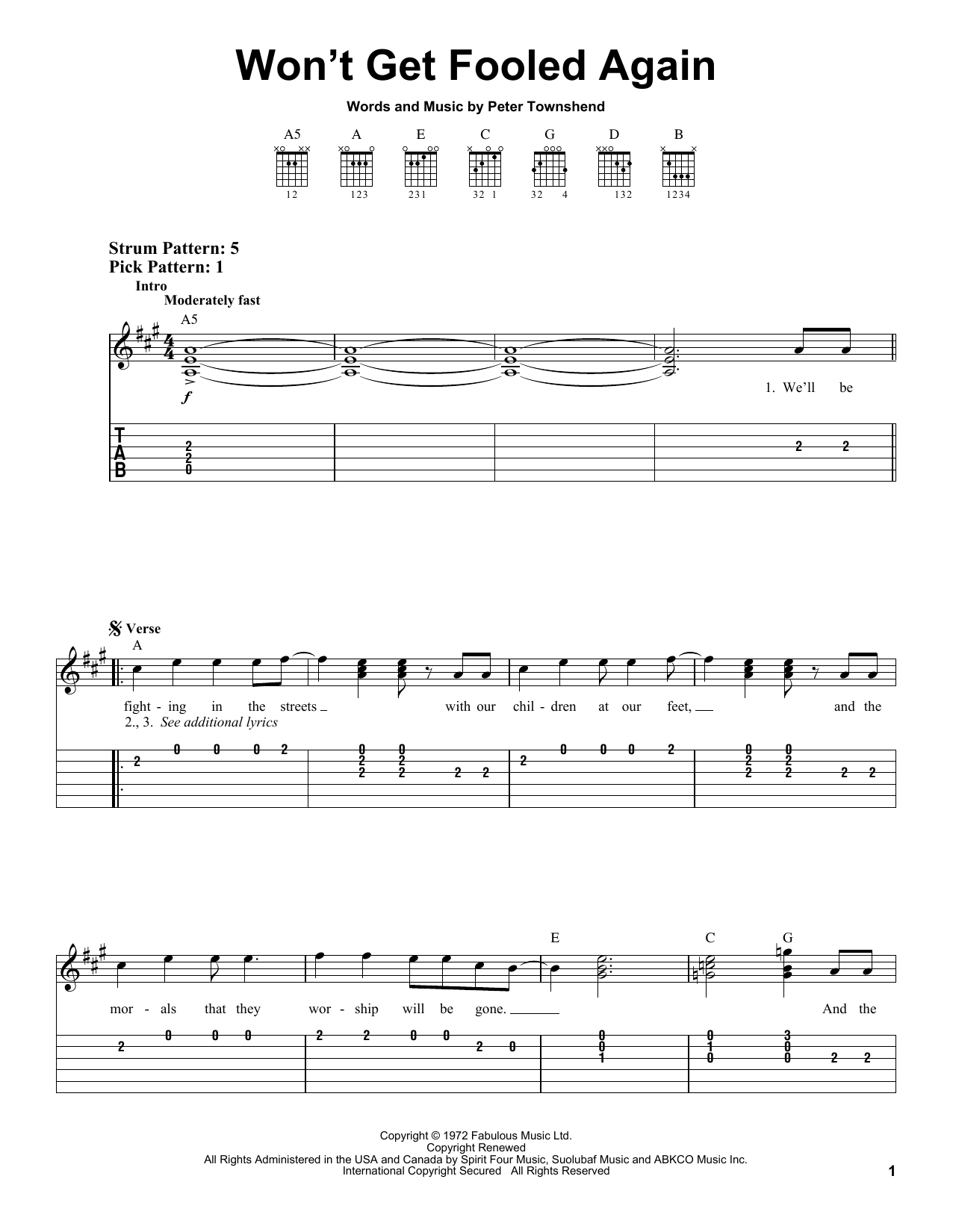 Learn to play The Who Won't Get Fooled Again sheet music for Easy Guitar in minutes. The Who Won't Get Fooled Again sheet music preview music notes and score for Easy Guitar including 4 page(s)