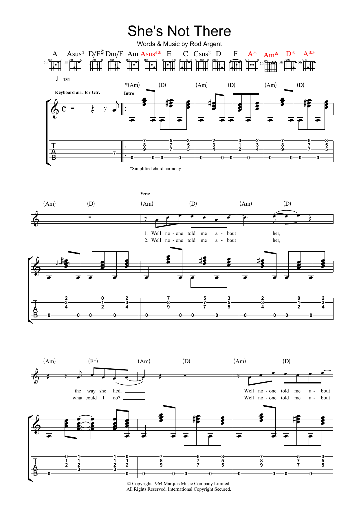The Zombies She's Not There sheet music preview music notes and score for Guitar Tab including 4 page(s)