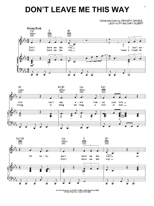 Learn to play Thelma Houston Don't Leave Me This Way sheet music for Piano, Vocal & Guitar (Right-Hand Melody) in minutes. Thelma Houston Don't Leave Me This Way sheet music preview music notes and score for Piano, Vocal & Guitar (Right-Hand Melody) including 4 page(s)
