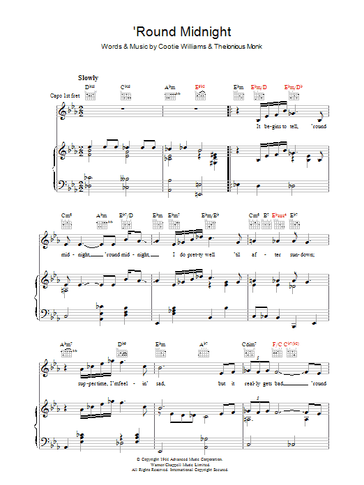 Learn to play Thelonious Monk 'Round Midnight sheet music for Piano, Vocal & Guitar (Right-Hand Melody) in minutes. Thelonious Monk 'Round Midnight sheet music preview music notes and score for Piano, Vocal & Guitar (Right-Hand Melody) including 4 page(s)