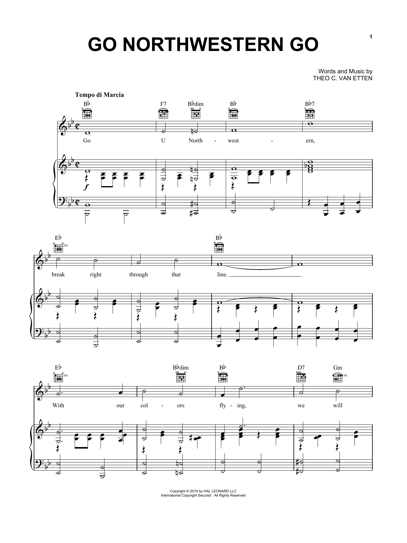Theo C. Van Etten Go Northwestern Go (Go U Northwestern) sheet music, chords, lyrics - Printable PDF for Piano, Vocal & Guitar (Right-Hand Melody)