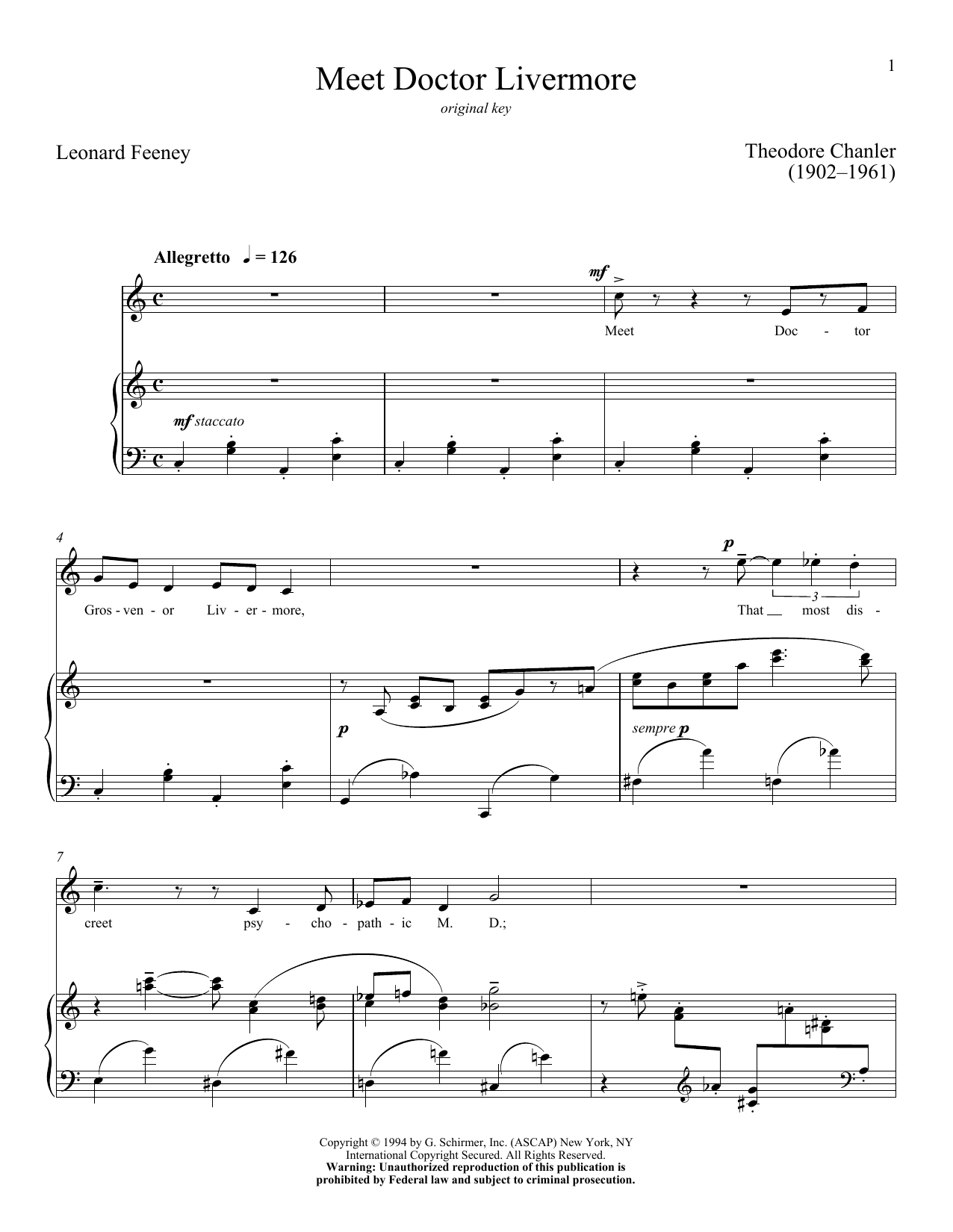 Theodore Chanler Meet Doctor Livermore sheet music, chords, lyrics - Printable PDF for Piano & Vocal
