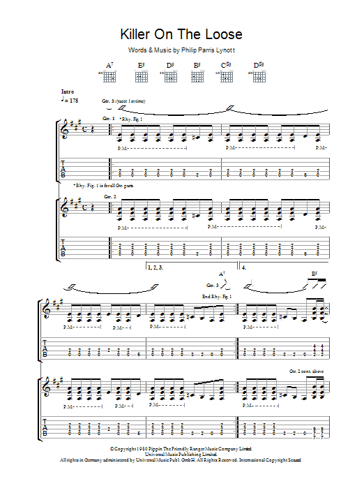 Thin Lizzy Killer On The Loose sheet music preview music notes and score for Guitar Tab including 8 page(s)