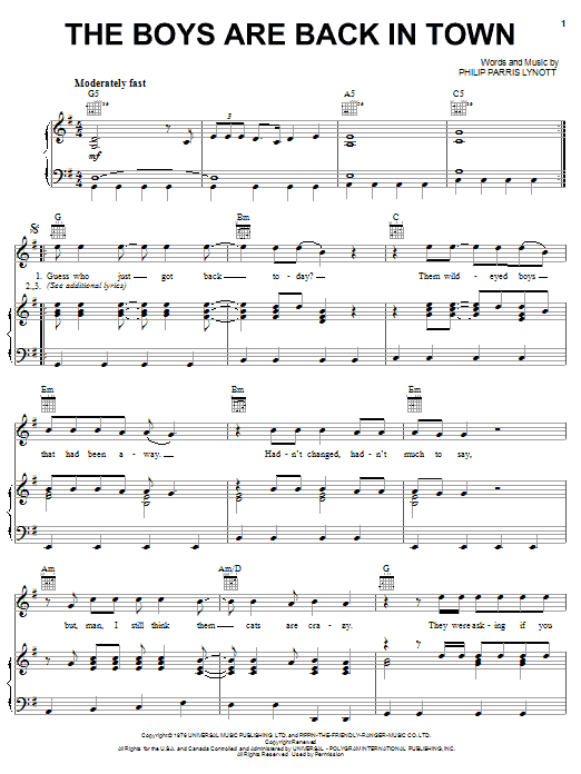 Thin Lizzy The Boys Are Back In Town sheet music preview music notes and score for Beginner Piano including 2 page(s)