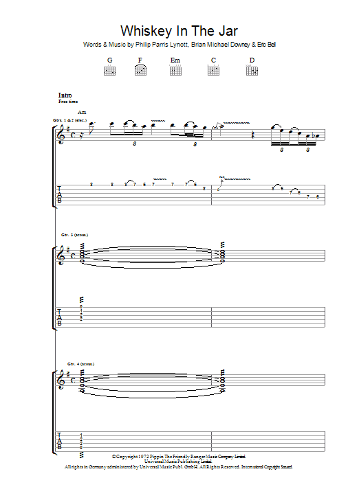 Thin Lizzy Whiskey In The Jar sheet music preview music notes and score for Guitar Tab including 10 page(s)