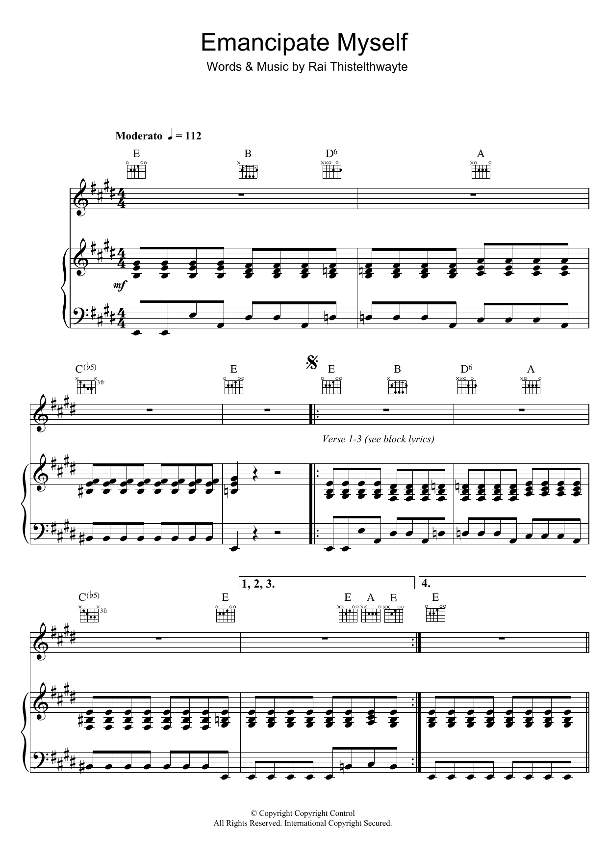 Thirsty Merc Emancipate Myself sheet music preview music notes and score for Piano, Vocal & Guitar including 6 page(s)