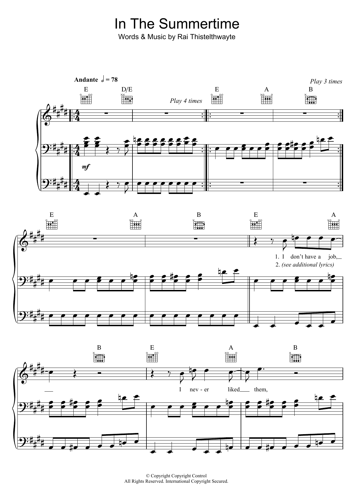 Thirsty Merc In The Summertime sheet music preview music notes and score for Piano, Vocal & Guitar including 7 page(s)