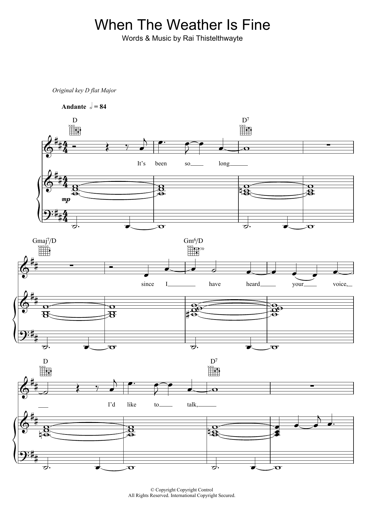 Learn to play Thirsty Merc When The Weather Is Fine sheet music for Piano, Vocal & Guitar in minutes. Thirsty Merc When The Weather Is Fine sheet music preview music notes and score for Piano, Vocal & Guitar including 7 page(s)