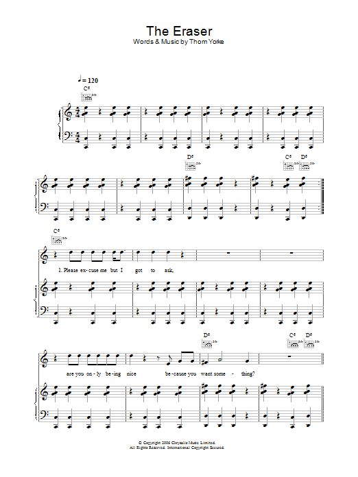 Thom Yorke The Eraser sheet music preview music notes and score for Piano, Vocal & Guitar including 5 page(s)