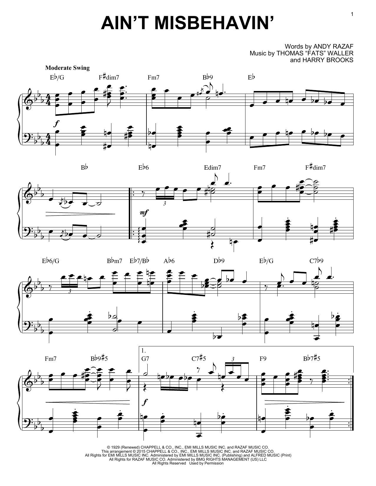 Fats Waller Ain't Misbehavin' sheet music, chords, lyrics - Printable PDF for Piano