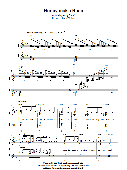 Fats Waller Honeysuckle Rose sheet music, chords, lyrics - Printable PDF for Easy Piano