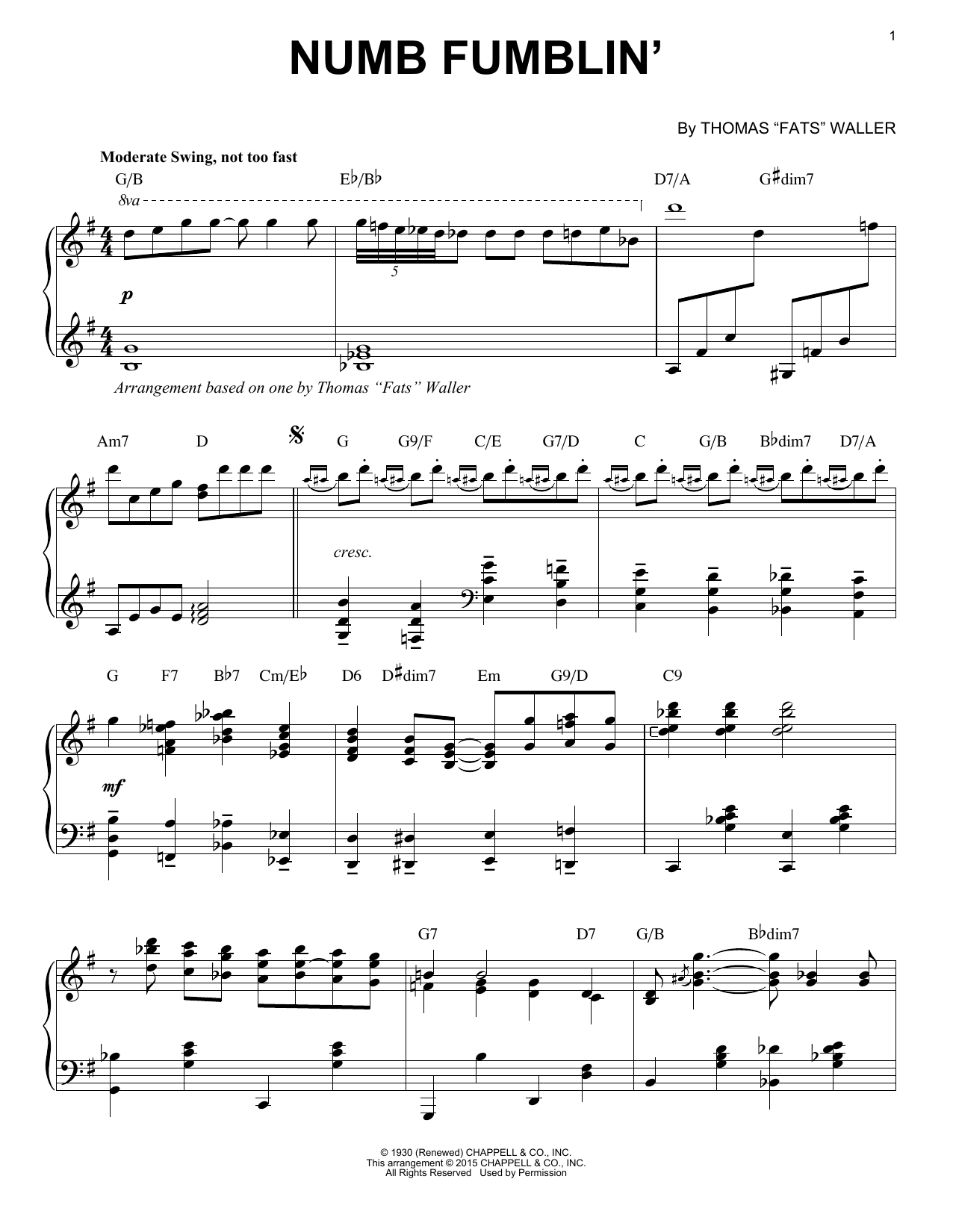 Fats Waller Numb Fumblin' sheet music, chords, lyrics - Printable PDF for Piano