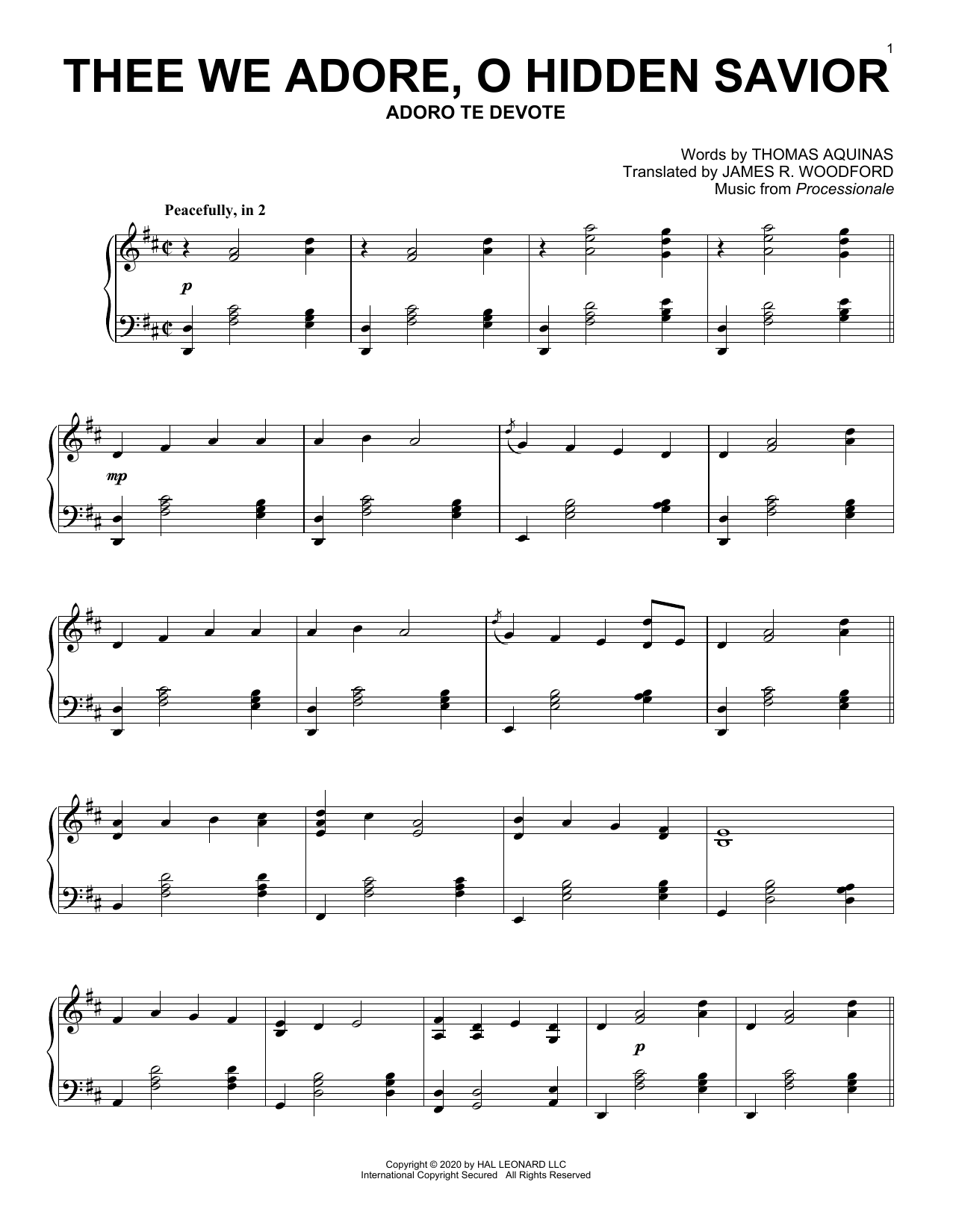 Thomas Aquinas Thee We Adore, O Hidden Savior sheet music, chords, lyrics - Printable PDF for Piano Solo