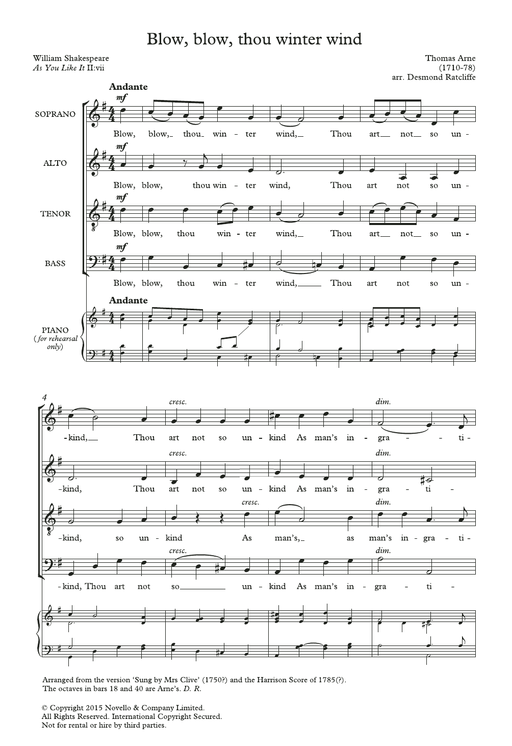 Thomas Arne Blow, Blow, Thou Winter Wind (arr. Desmond Ratcliffe) sheet music, chords, lyrics - Printable PDF for SATB Choir