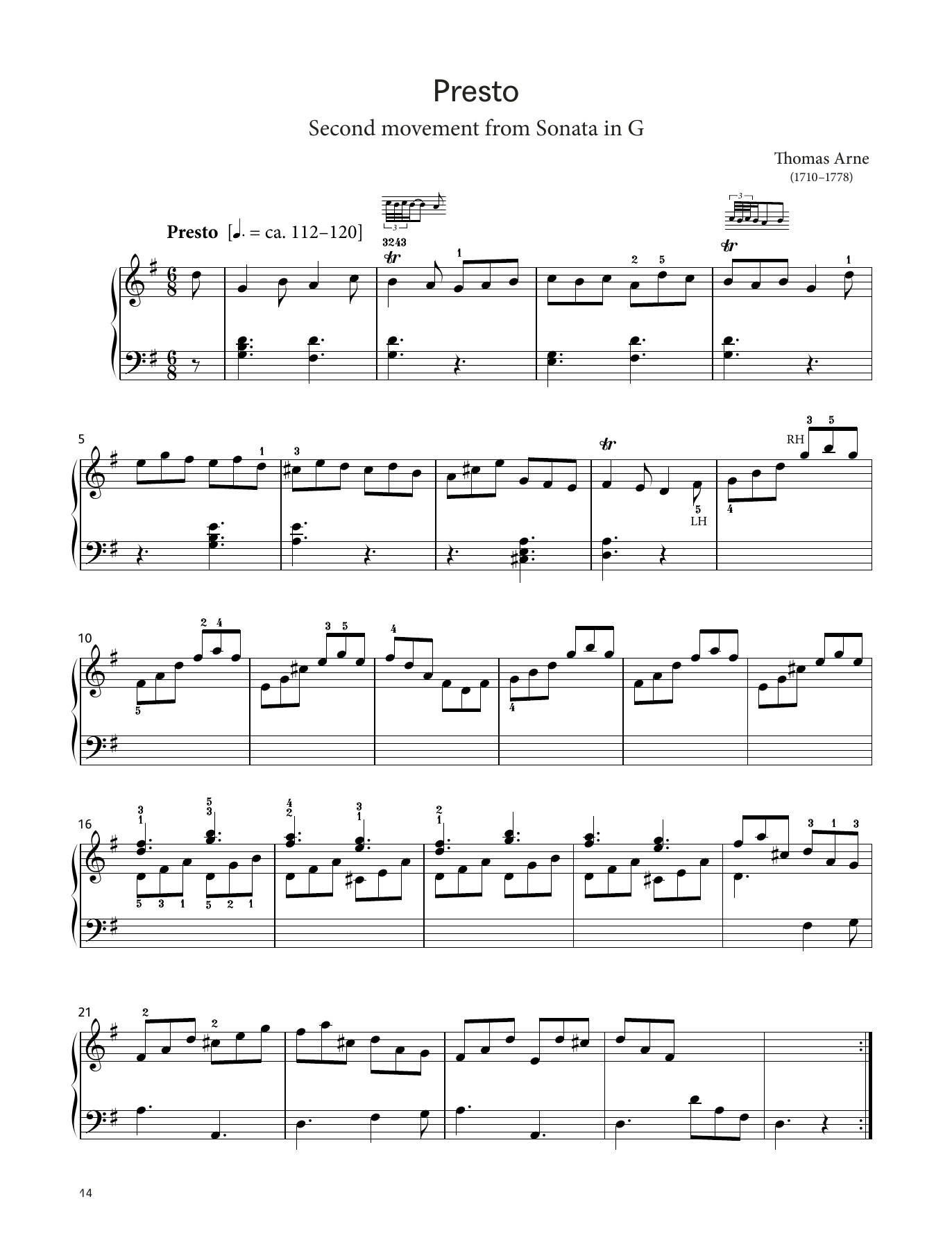 Thomas Arne Presto (LCME Piano 2018 Grade 5 List A) sheet music, chords, lyrics - Printable PDF for Piano Solo