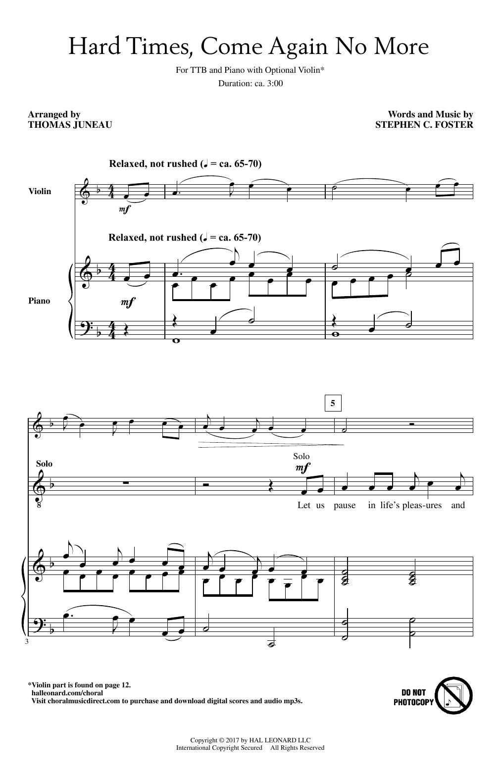 Thomas Juneau Hard Times, Come Again No More sheet music, chords, lyrics - Printable PDF for TTBB