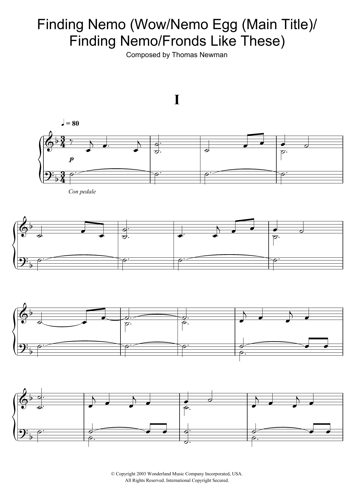 Thomas Newman Finding Nemo (Wow/Nemo Egg (Main Title)/Finding Nemo/Fronds Like These) sheet music, chords, lyrics - Printable PDF for Piano