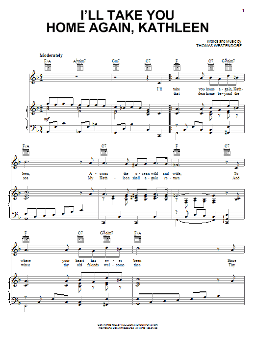 Download Thomas Westendorf I'll Take You Home Again, Kathleen sheet music notes and chords for Piano, Vocal & Guitar (Right-Hand Melody) - Download Printable PDF and start playing in minutes.