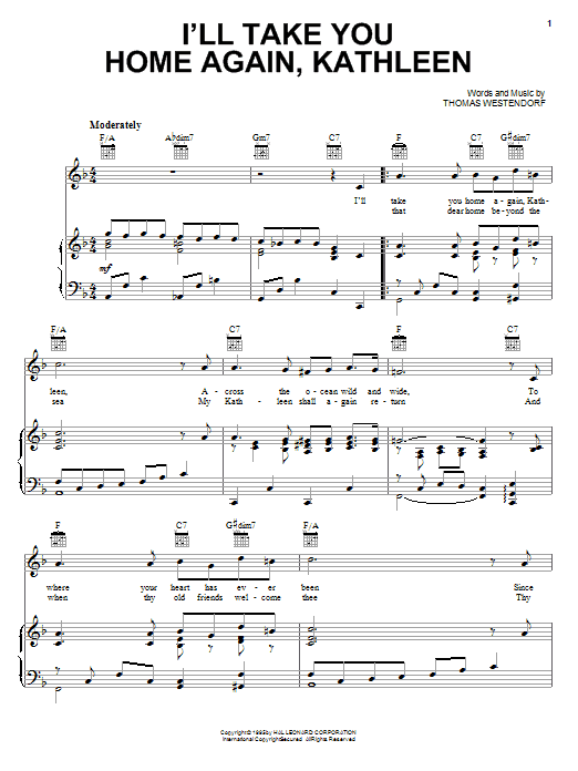 Irish Folksong I'll Take You Home Again, Kathleen sheet music preview music notes and score for Piano, Vocal & Guitar (Right-Hand Melody) including 3 page(s)