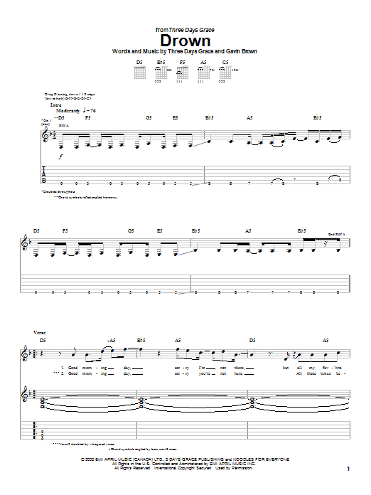 Three Days Grace Drown sheet music preview music notes and score for Guitar Tab including 5 page(s)