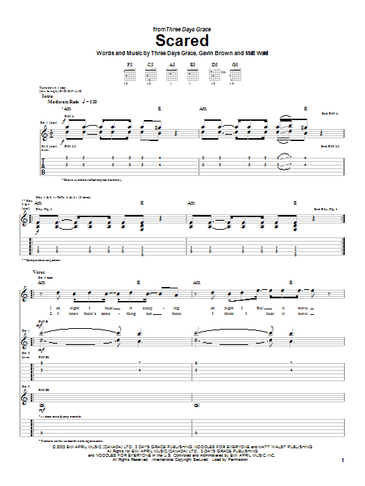 Learn to play Three Days Grace Scared sheet music for Guitar Tab in minutes. Three Days Grace Scared sheet music preview music notes and score for Guitar Tab including 5 page(s)