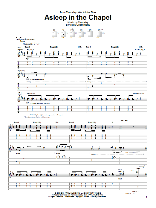 Learn to play Thursday Asleep In The Chapel sheet music for Guitar Tab in minutes. Thursday Asleep In The Chapel sheet music preview music notes and score for Guitar Tab including 12 page(s)