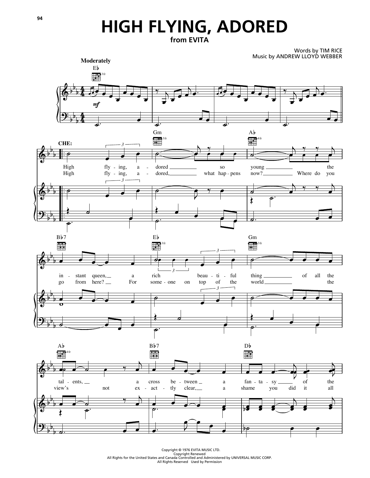 Tim Rice High Flying, Adored (from Evita) sheet music, chords, lyrics - Printable PDF for Piano, Vocal & Guitar Chords (Right-Hand Melody)