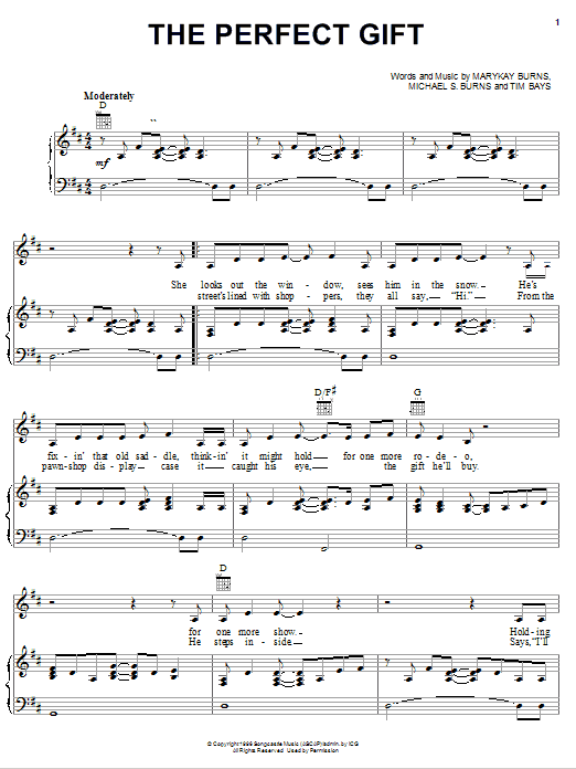 Learn to play Tim Bays The Perfect Gift sheet music for Piano, Vocal & Guitar (Right-Hand Melody) in minutes. Tim Bays The Perfect Gift sheet music preview music notes and score for Piano, Vocal & Guitar (Right-Hand Melody) including 5 page(s)