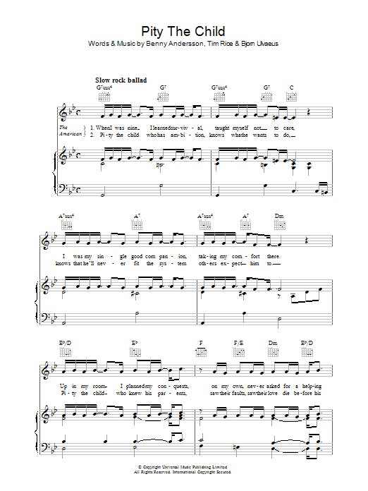 Andersson and Ulvaeus Pity The Child (from Chess) sheet music preview music notes and score for Piano, Vocal & Guitar (Right-Hand Melody) including 9 page(s)