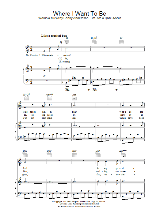 Andersson and Ulvaeus Where I Want To Be (from Chess) sheet music preview music notes and score for Piano, Vocal & Guitar (Right-Hand Melody) including 5 page(s)