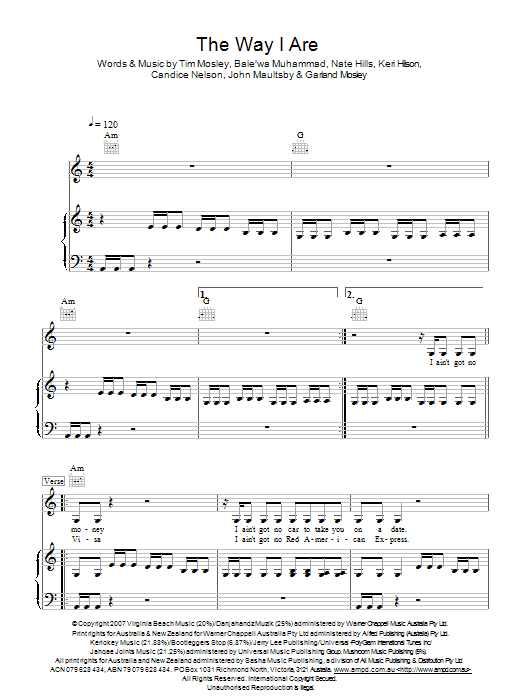 Timbaland The Way I Are sheet music preview music notes and score for Piano, Vocal & Guitar (Right-Hand Melody) including 5 page(s)
