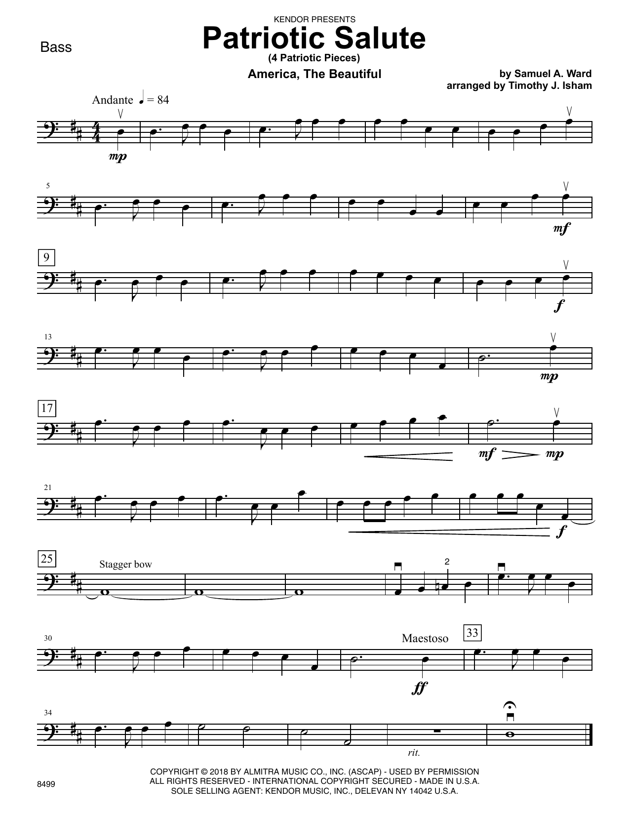 Timothy Isham Patriotic Salute (4 Patriotic Pieces) - Bass sheet music preview music notes and score for Orchestra including 4 page(s)