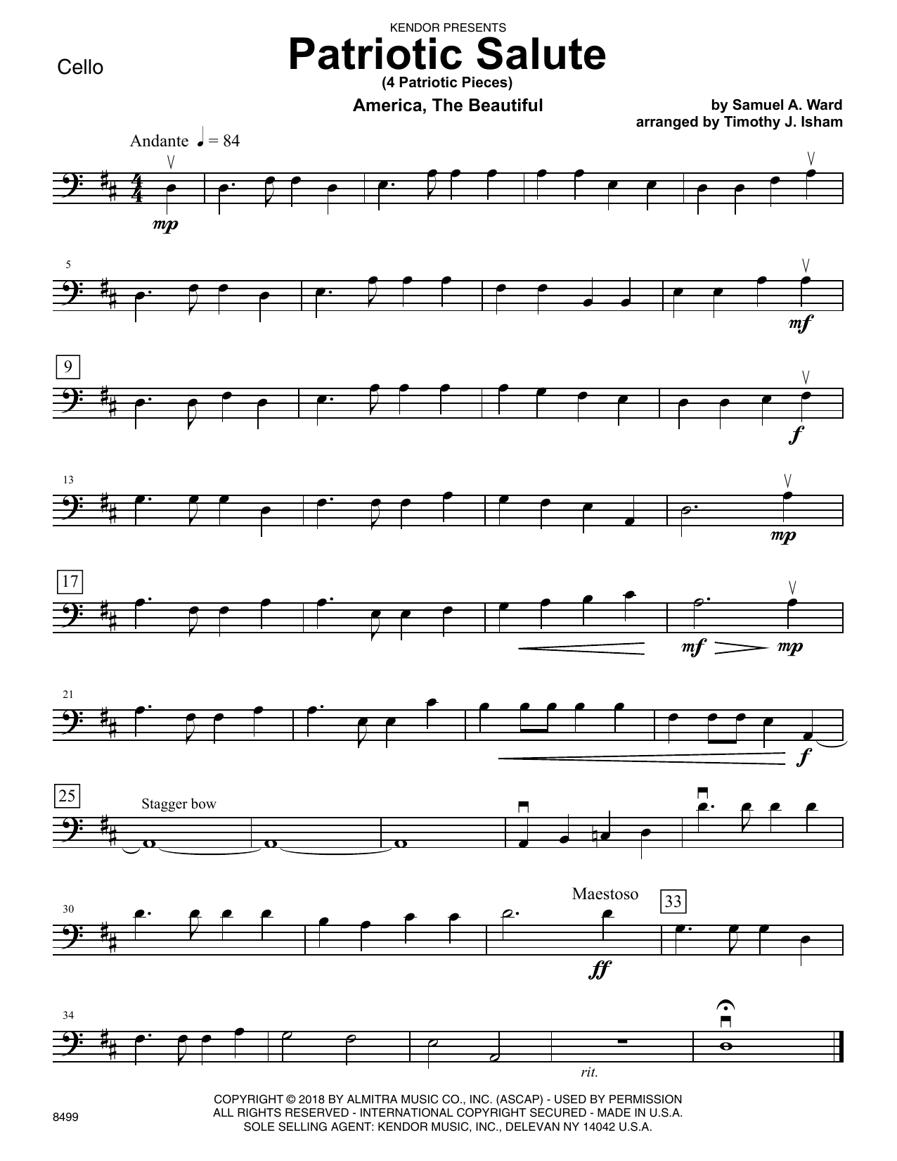 Timothy Isham Patriotic Salute (4 Patriotic Pieces) - Cello sheet music preview music notes and score for Orchestra including 4 page(s)