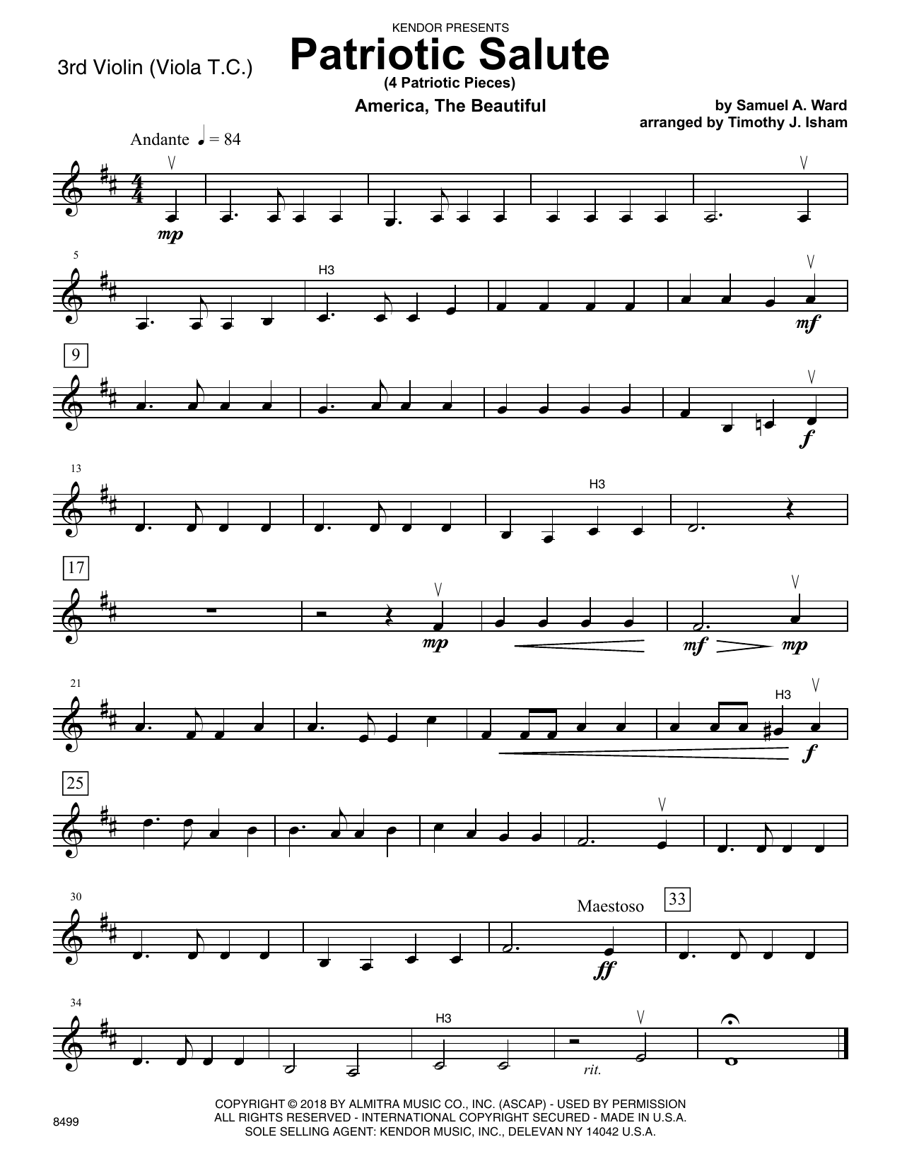 Learn to play Timothy Isham Patriotic Salute (4 Patriotic Pieces) - Violin 3 (Viola T.C.) sheet music for Orchestra in minutes. Timothy Isham Patriotic Salute (4 Patriotic Pieces) - Violin 3 (Viola T.C.) sheet music preview music notes and score for Orchestra including 4 page(s)