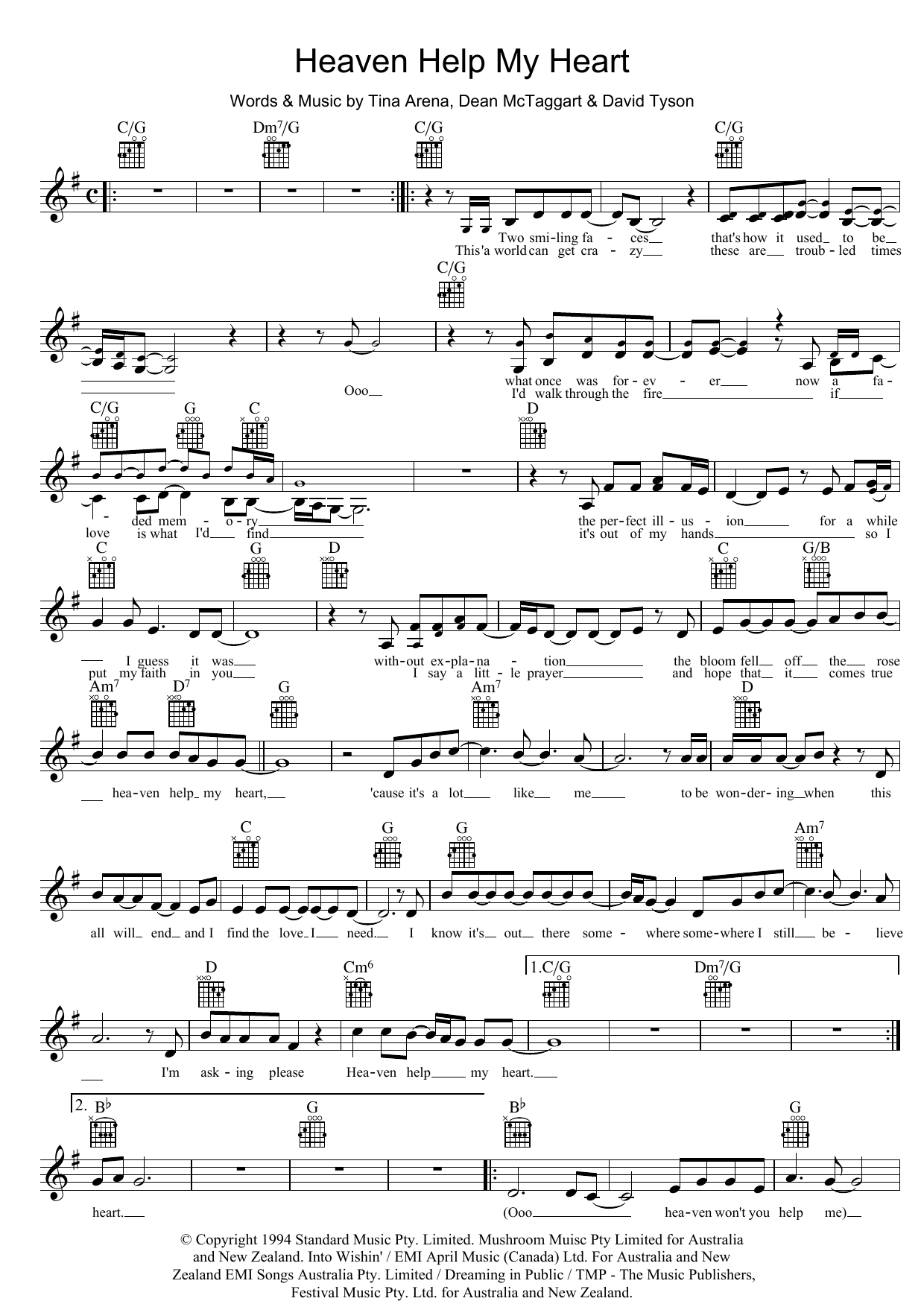 Learn to play Tina Arena Heaven Help My Heart sheet music for Melody Line, Lyrics & Chords in minutes. Tina Arena Heaven Help My Heart sheet music preview music notes and score for Melody Line, Lyrics & Chords including 2 page(s)