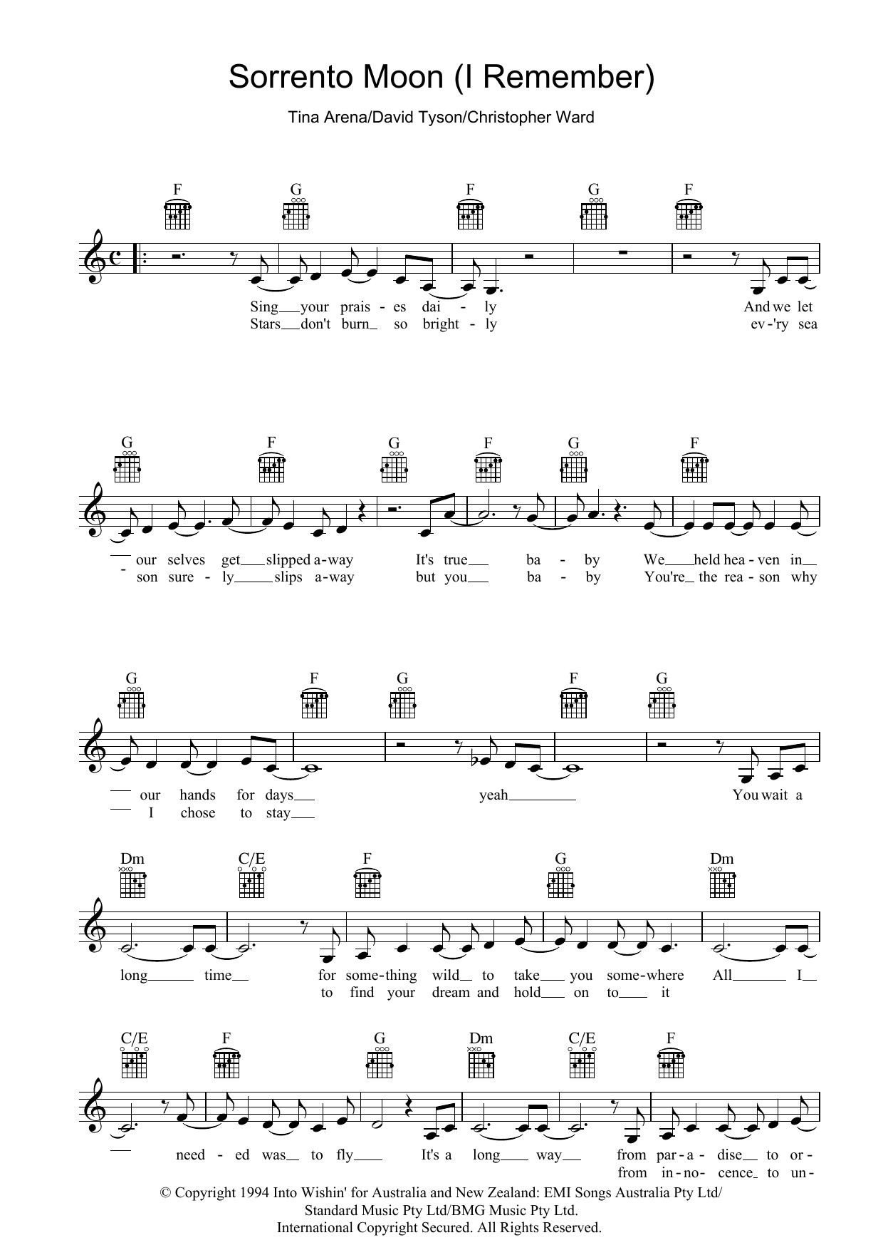 Learn to play Tina Arena Sorrento Moon (I Remember) sheet music for Melody Line, Lyrics & Chords in minutes. Tina Arena Sorrento Moon (I Remember) sheet music preview music notes and score for Melody Line, Lyrics & Chords including 2 page(s)