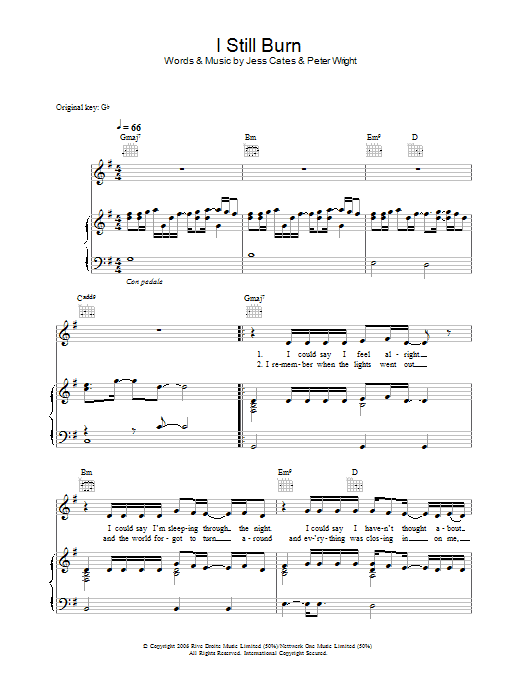 Tobias Regner I Still Burn sheet music preview music notes and score for Piano, Vocal & Guitar (Right-Hand Melody) including 5 page(s)