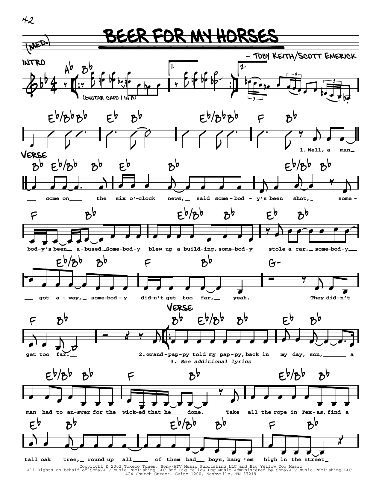 Toby Keith Beer For My Horses (feat. Willie Nelson) sheet music, chords, lyrics - Printable PDF for Real Book – Melody, Lyrics & Chords
