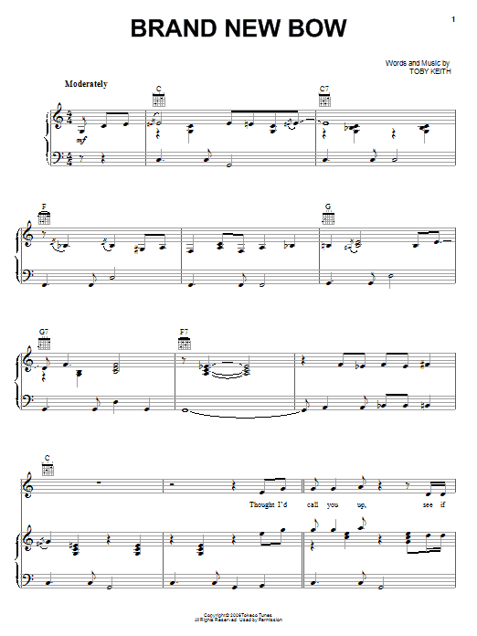 Toby Keith Brand New Bow sheet music, chords, lyrics - Printable PDF for Piano, Vocal & Guitar (Right-Hand Melody)