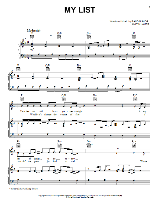 Toby Keith My List sheet music, chords, lyrics - Printable PDF for Piano, Vocal & Guitar (Right-Hand Melody)