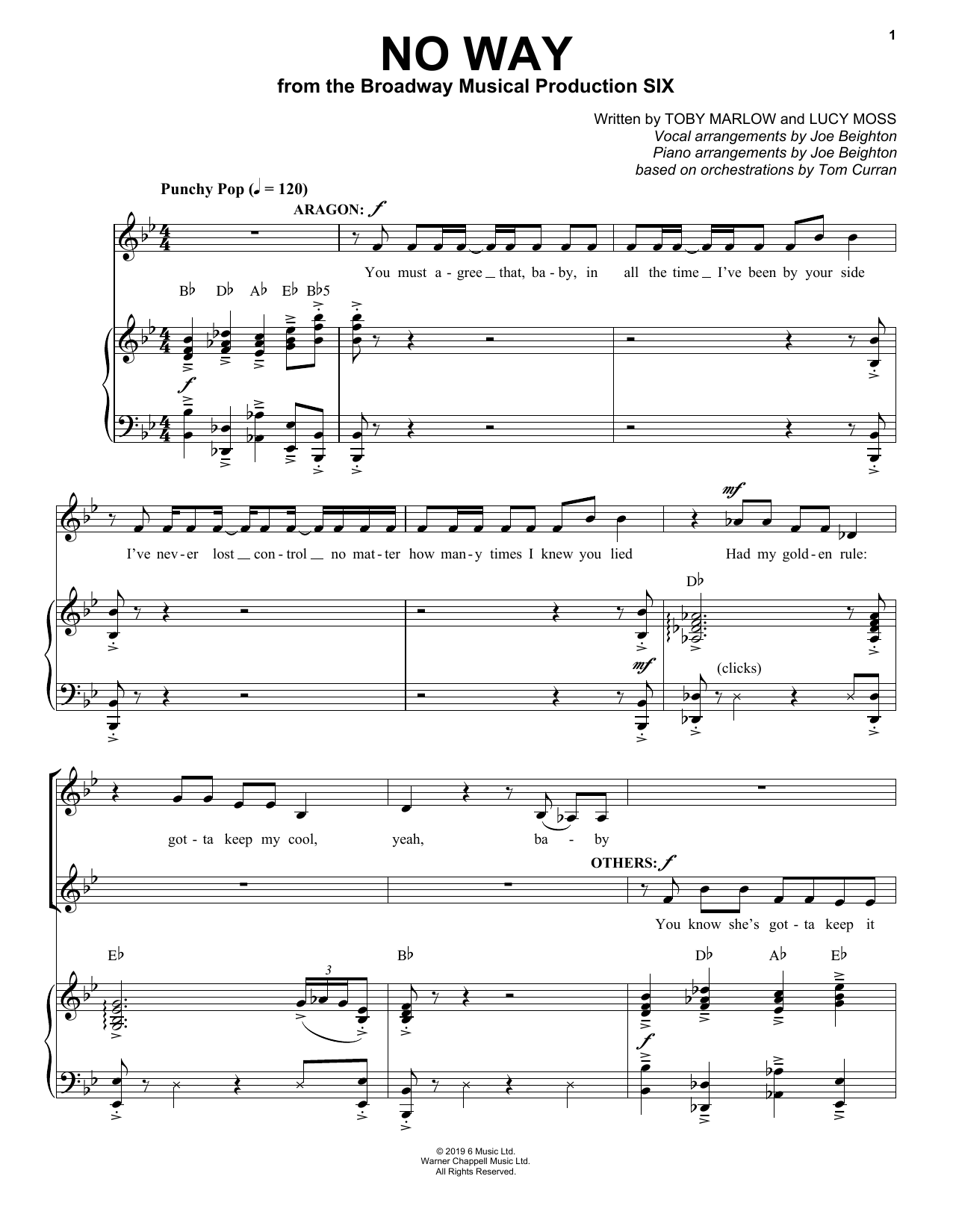 Toby Marlow & Lucy Moss No Way (from Six: The Musical) sheet music, chords, lyrics - Printable PDF for Piano & Vocal