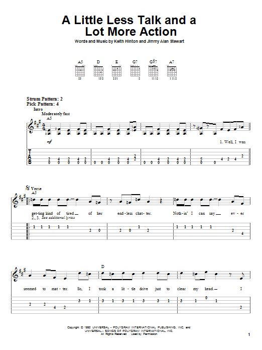 Learn to play Toby Keith A Little Less Talk And A Lot More Action sheet music for Piano, Vocal & Guitar (Right-Hand Melody) in minutes. Toby Keith A Little Less Talk And A Lot More Action sheet music preview music notes and score for Piano, Vocal & Guitar (Right-Hand Melody) including 6 page(s)