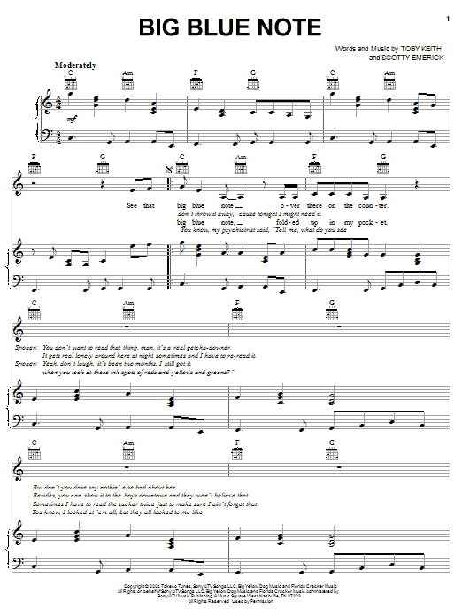 Learn to play Toby Keith Big Blue Note sheet music for Easy Guitar Tab in minutes. Toby Keith Big Blue Note sheet music preview music notes and score for Easy Guitar Tab including 3 page(s)