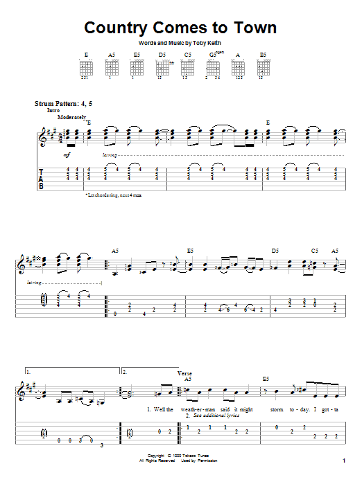 Learn to play Toby Keith Country Comes To Town sheet music for Easy Guitar Tab in minutes. Toby Keith Country Comes To Town sheet music preview music notes and score for Easy Guitar Tab including 4 page(s)