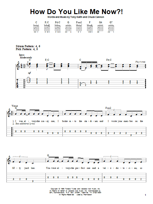 Learn to play Toby Keith How Do You Like Me Now?! sheet music for Easy Guitar Tab in minutes. Toby Keith How Do You Like Me Now?! sheet music preview music notes and score for Easy Guitar Tab including 4 page(s)